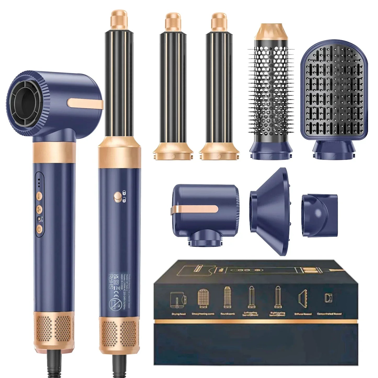 Sèche-cheveux 7 en 1, brosse sans balais, haute vitesse, avec diffuseur, sèche-cheveux ionique, peigne de coiffure à Air chaud, bigoudi automatique - Boutique Ecom